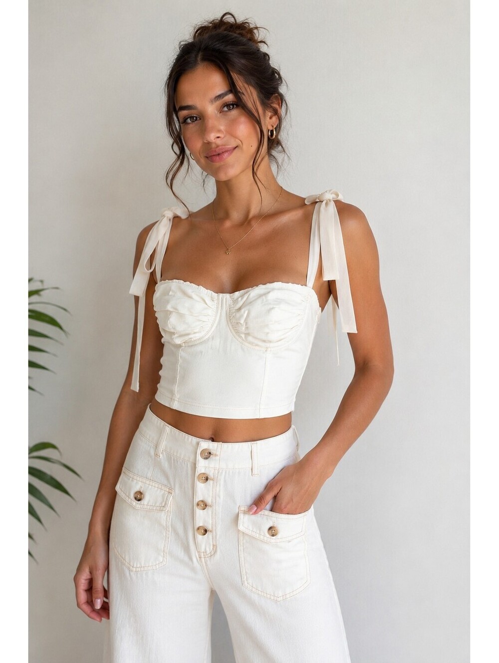 J.ING White Tie Shoulder Bustier Corset Crop Top Women's Size S Y2K